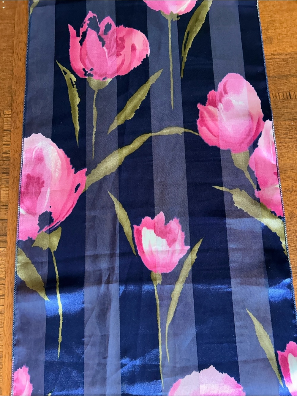 Navy Floral Scarf with Pink Tulips 13“ x 57“ silk feel colorful
